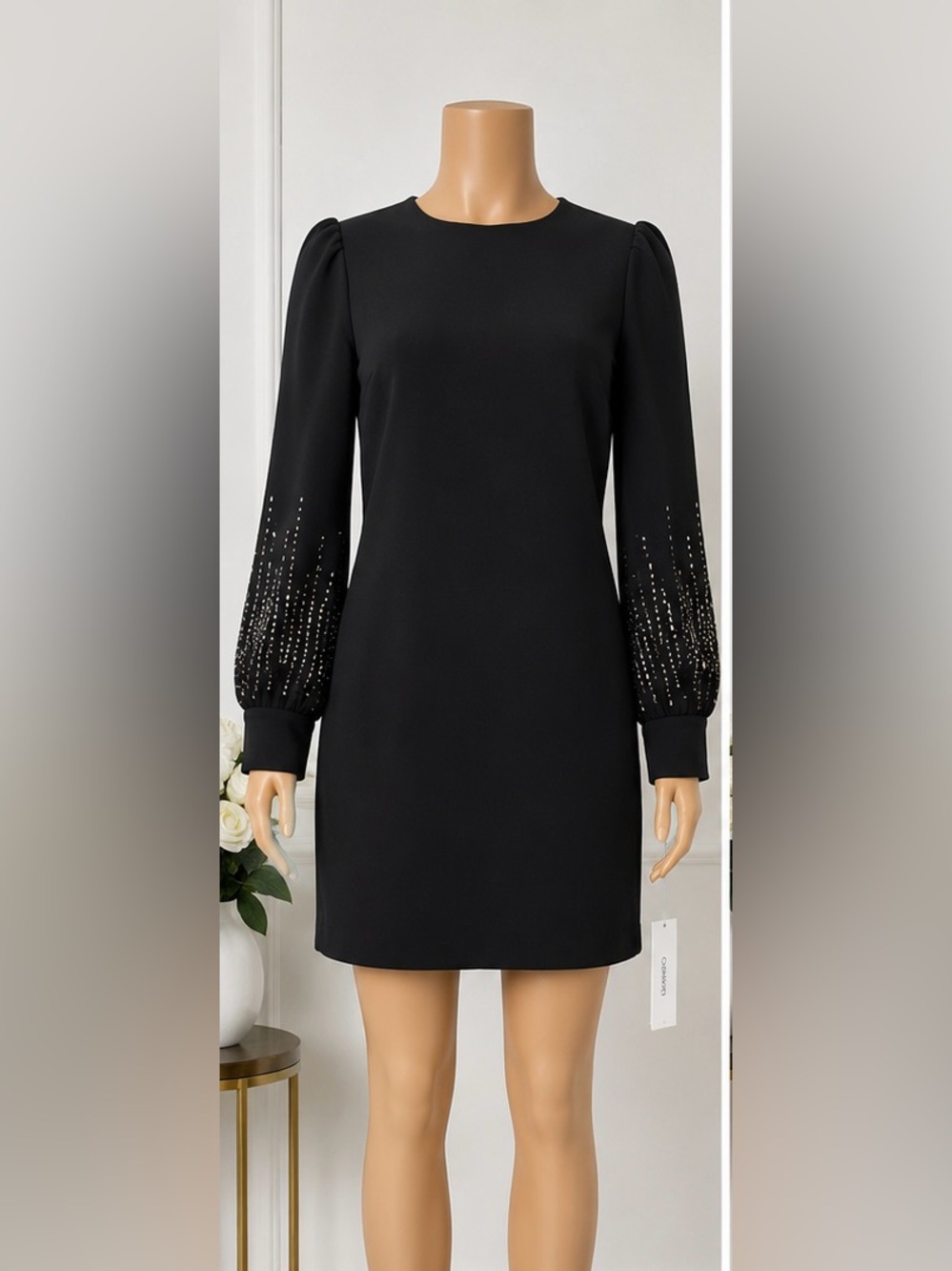 Calvin Klein Black Long-Sleeve Jewel Accent Shift Dress